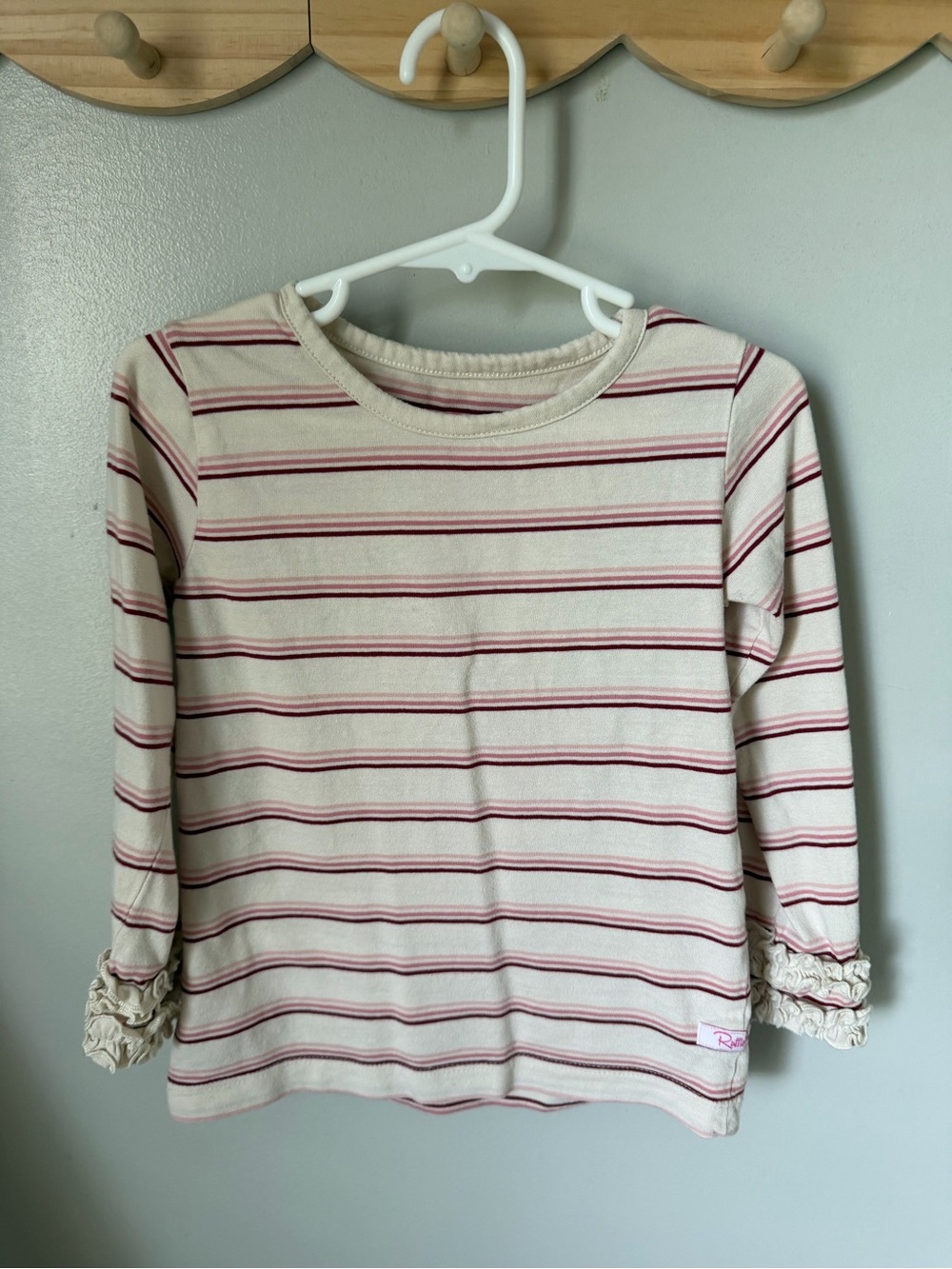 RuffleButts Girls 4T Ivory Pink Burgundy Striped Ruffle Long Sleeve Cotton Tee